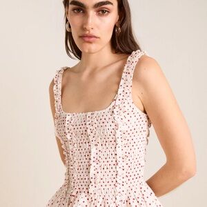 Smocked Square-Neck Tank Top in White with Red Dot Print